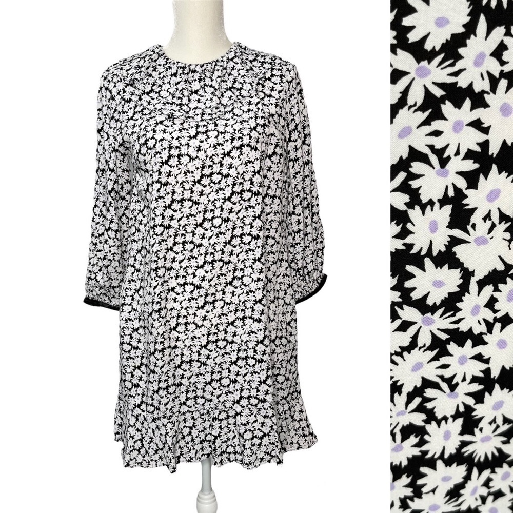 ZARA Daisy Floral White & Black Shift Dress Size S